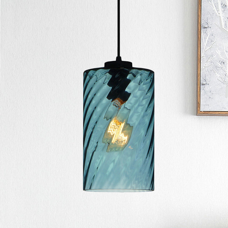 Modern Blue Glass Pendant Light With Unique Lattice Design And Black Ceiling Mount / Cylinder
