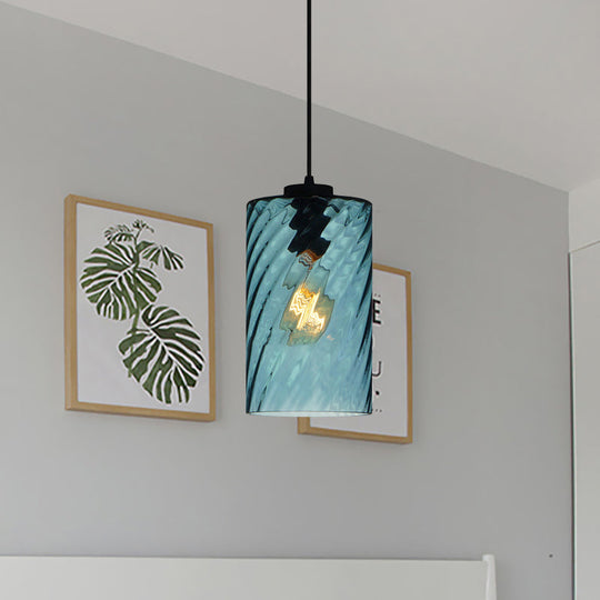 Modern Blue Glass Pendant Light With Unique Lattice Design And Black Ceiling Mount