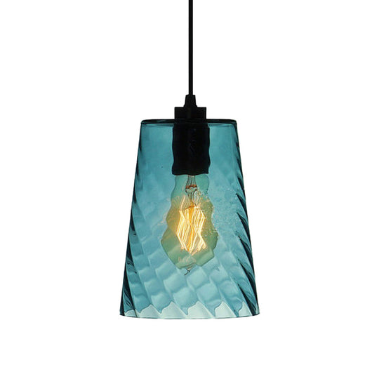 Modernist Blue Glass Pendant Light With Lattice Design And Ceiling Hung Suspension