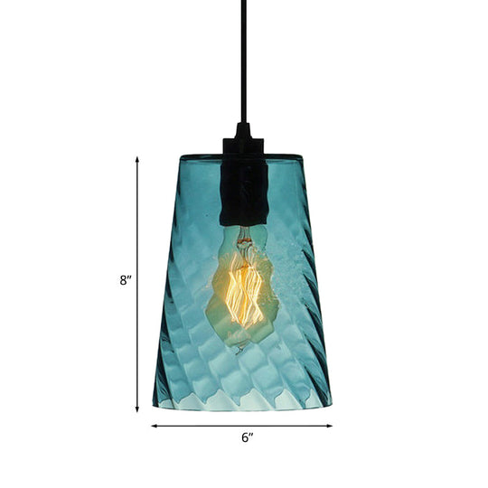 Modern Blue Glass Pendant Light With Unique Lattice Design And Black Ceiling Mount