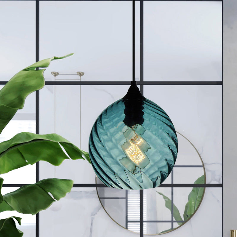 Modern Blue Glass Pendant Light With Unique Lattice Design And Black Ceiling Mount
