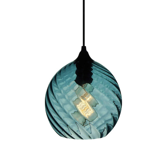 Modern Blue Glass Pendant Light With Unique Lattice Design And Black Ceiling Mount