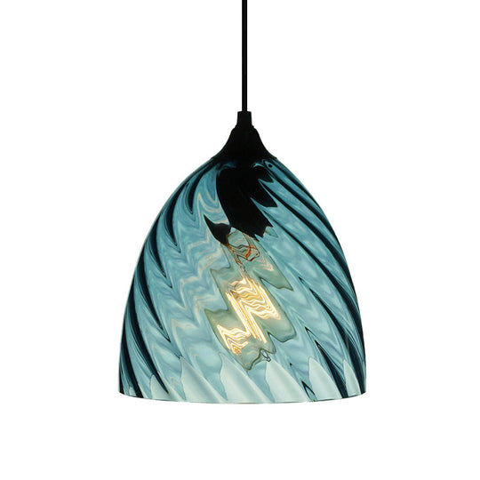 Modern Blue Glass Pendant Light With Unique Lattice Design And Black Ceiling Mount