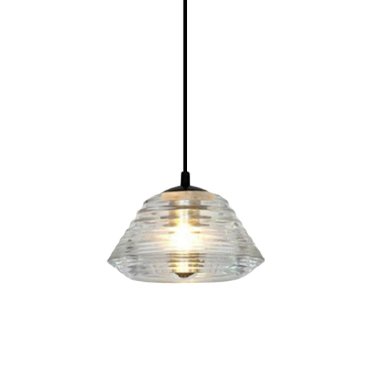 Modernist Clear Ruffle Glass Pendant Lamp - Cone/Dome/Flared Design 1-Light Black Ceiling Hanging