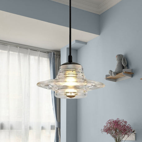 Modernist Clear Ruffle Glass Pendant Lamp - Cone/Dome/Flared Design 1-Light Black Ceiling Hanging