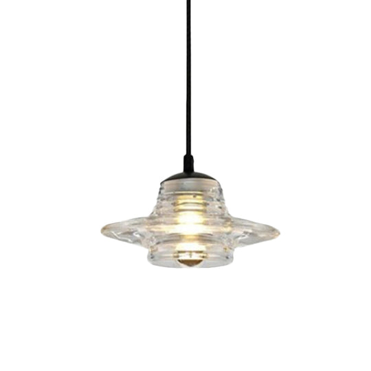 Clear Ruffle Glass Pendant Lighting - Modernist Cone/Dome/Flared Design 1 Light Black Ceiling Lamp