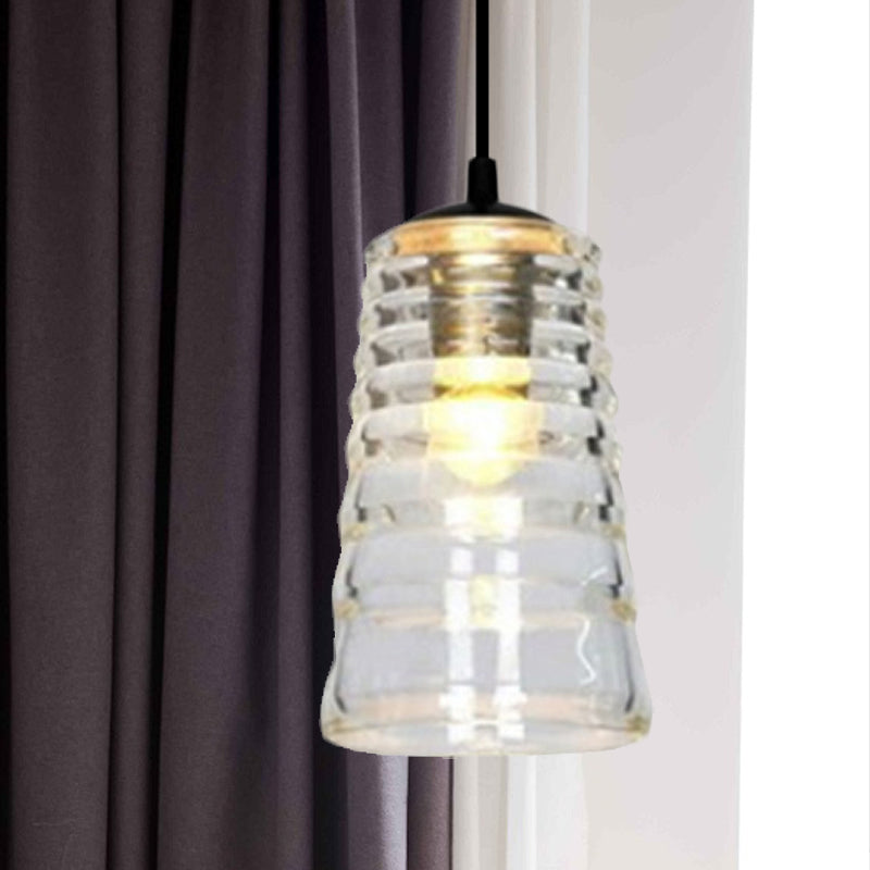 Modernist Clear Ruffle Glass Pendant Lamp - Cone/Dome/Flared Design 1-Light Black Ceiling Hanging