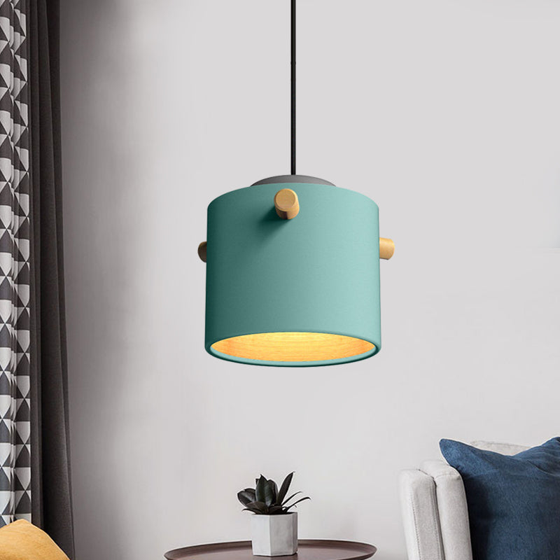 Modern 1 Light Metal Shade Hanging Pendant Green/Pink/White Cylinder Fixture