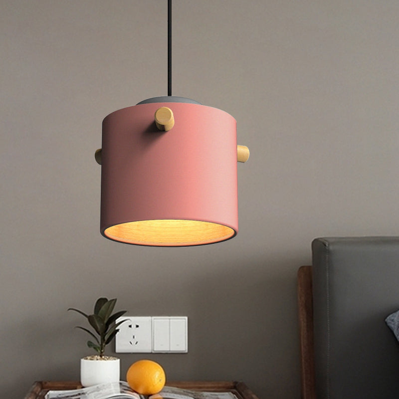 Modern 1 Light Metal Shade Hanging Pendant Green/Pink/White Cylinder Fixture Pink / B