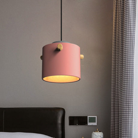 Modern 1 Light Metal Shade Hanging Pendant Green/Pink/White Cylinder Fixture