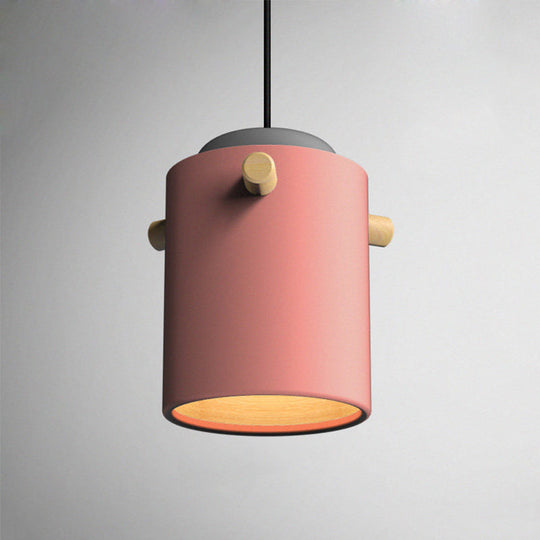 Modern 1 Light Metal Shade Hanging Pendant Green/Pink/White Cylinder Fixture