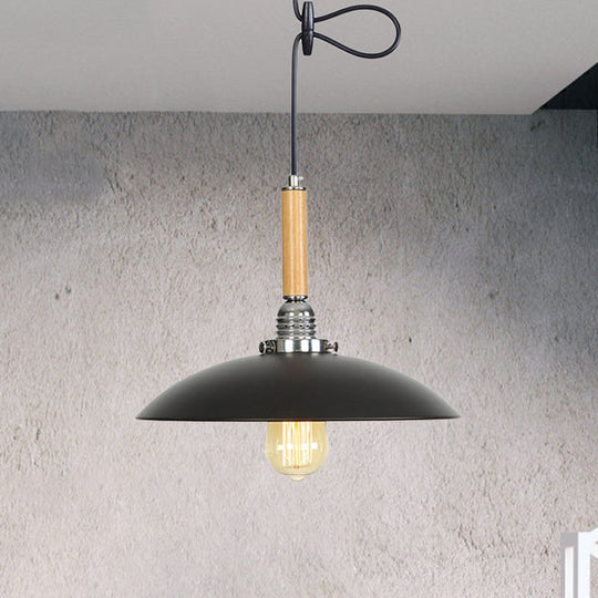 Industrial Black Metal Pendant Light With Hanging Cord - Shallow Round Design In Wood / 1