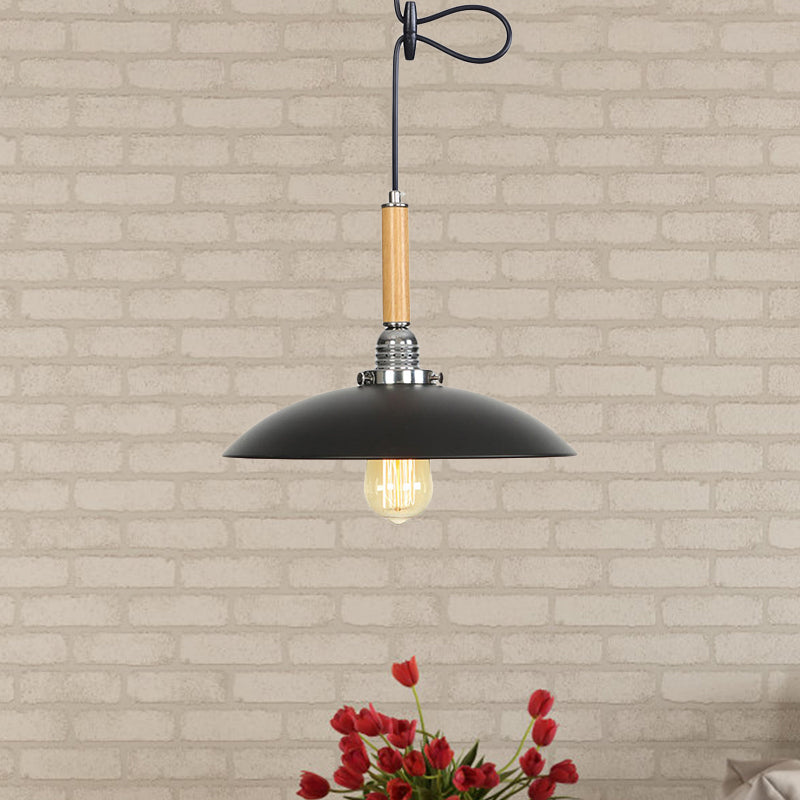 Industrial Black Metal Pendant Light With Hanging Cord - Shallow Round Design In Wood