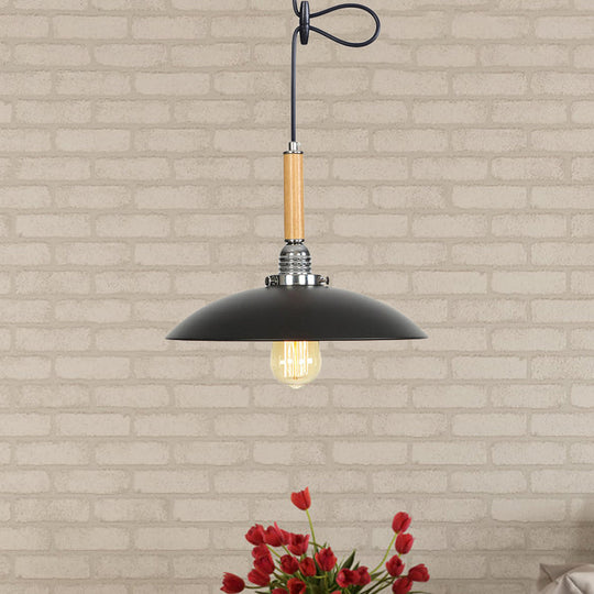 Industrial Black Metal Pendant Light With Hanging Cord - Shallow Round Design In Wood