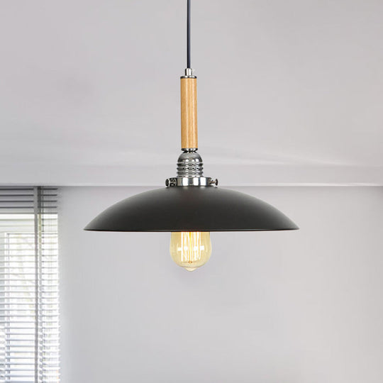 Industrial Black Metal Pendant Light With Hanging Cord - Shallow Round Design In Wood
