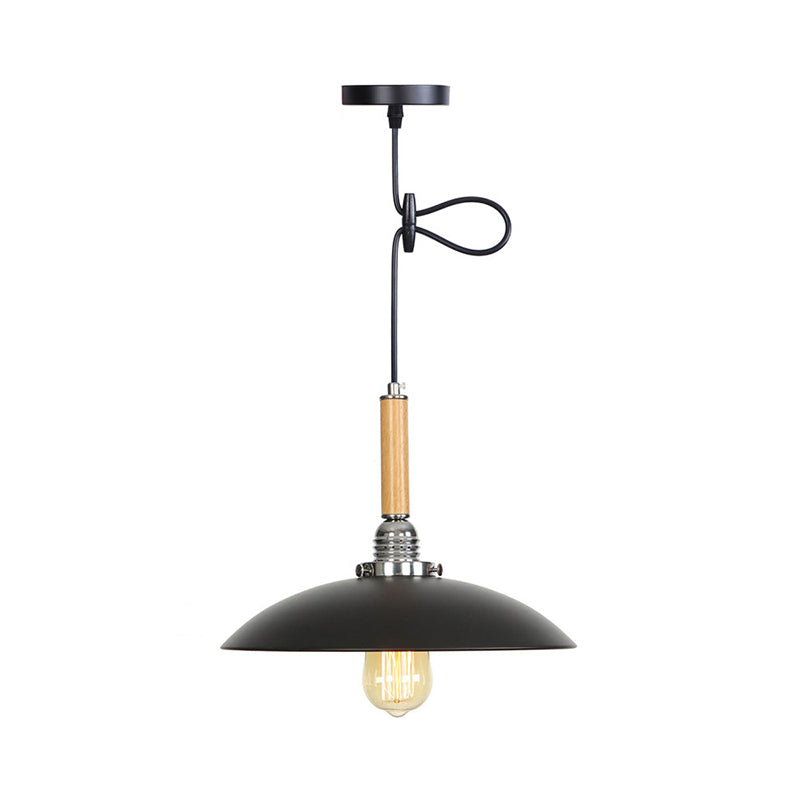 Industrial Black Metal Pendant Light With Hanging Cord - Shallow Round Design In Wood