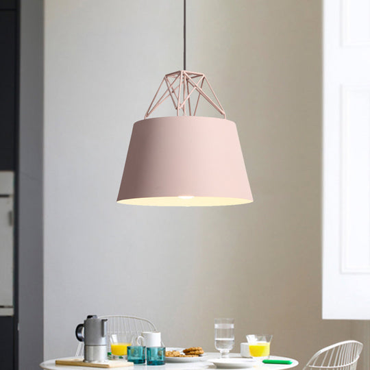 Metallic Bucket Shade Pendant Light - Restaurant Cage 1 Head Hanging Lamp With Iron Wire [Macaron