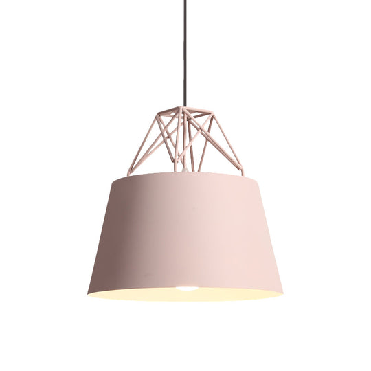 Metallic Bucket Shade Pendant Light - Restaurant Cage 1 Head Hanging Lamp With Iron Wire [Macaron