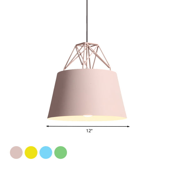 Macaron Style Cage Pendant Light With Metallic Bucket Shade For Restaurants - 1 Head Hanging Lamp