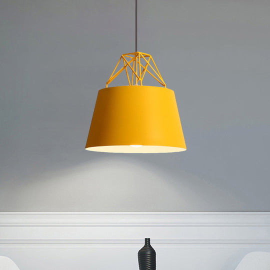Metallic Bucket Shade Pendant Light - Restaurant Cage 1 Head Hanging Lamp With Iron Wire [Macaron