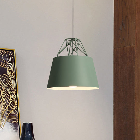 Macaron Style Cage Pendant Light With Metallic Bucket Shade For Restaurants - 1 Head Hanging Lamp