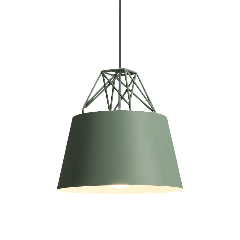 Metallic Bucket Shade Pendant Light - Restaurant Cage 1 Head Hanging Lamp With Iron Wire [Macaron