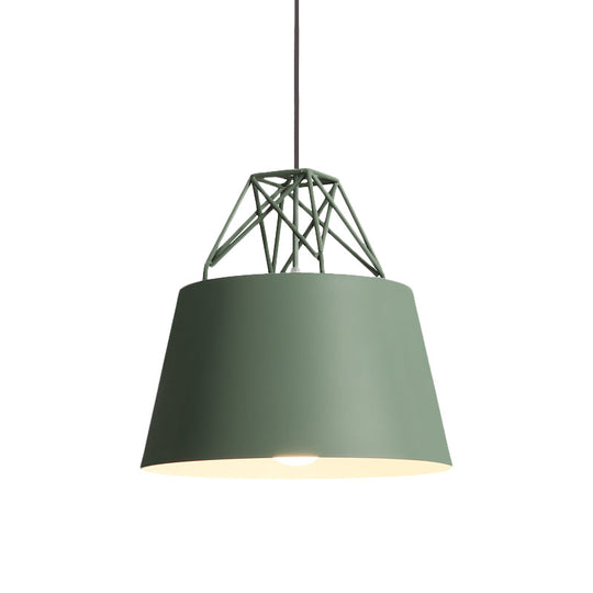 Metallic Bucket Shade Pendant Light - Restaurant Cage 1 Head Hanging Lamp With Iron Wire [Macaron