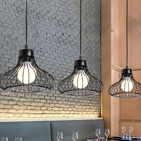 Black Metal Bowl Pendant Light With Wire Cage Shade - 3-Light Farmhouse Restaurant Fixture