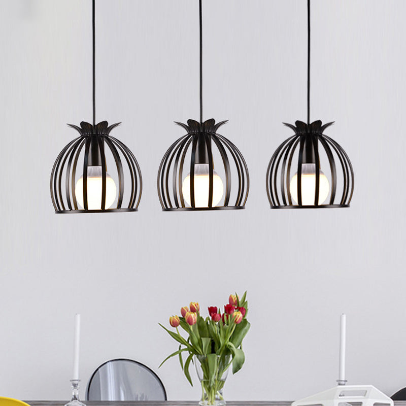 Dome Cage Pendant Light With 3 Heads In Metallic Loft Style For Dining Room - Black/White