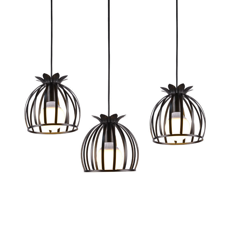 Dome Cage Pendant Light With 3 Heads In Metallic Loft Style For Dining Room - Black/White