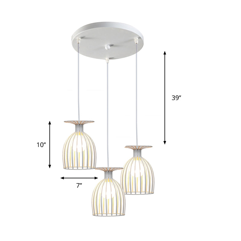 Industrial 3-Head Metal Wine Glass Pendant Light With Wire Guard For Living Room In White