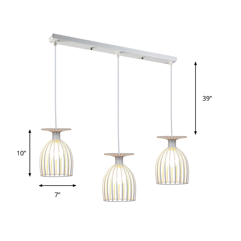 Industrial 3-Head Metal Wine Glass Pendant Light With Wire Guard For Living Room In White