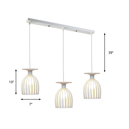 Industrial 3-Head Metal Wine Glass Pendant Light With Wire Guard For Living Room In White