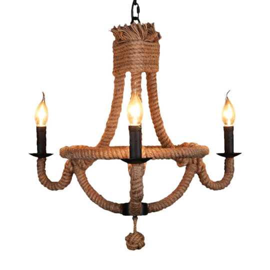 Country Style Black Metal Chandelier With 3 Candle Lights And Rope Detail