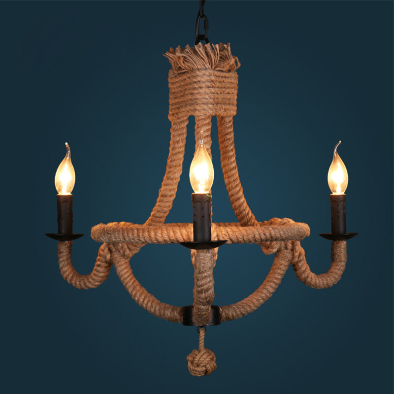 Country Style Black Metal Chandelier With 3 Candle Lights And Rope Detail