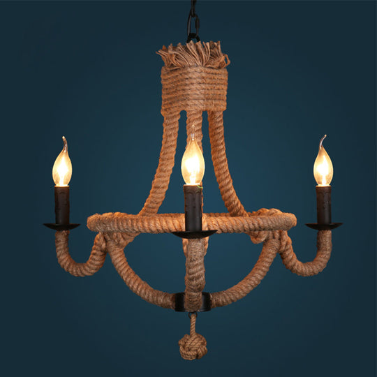 Country Style Black Metal Chandelier With 3 Candle Lights And Rope Detail