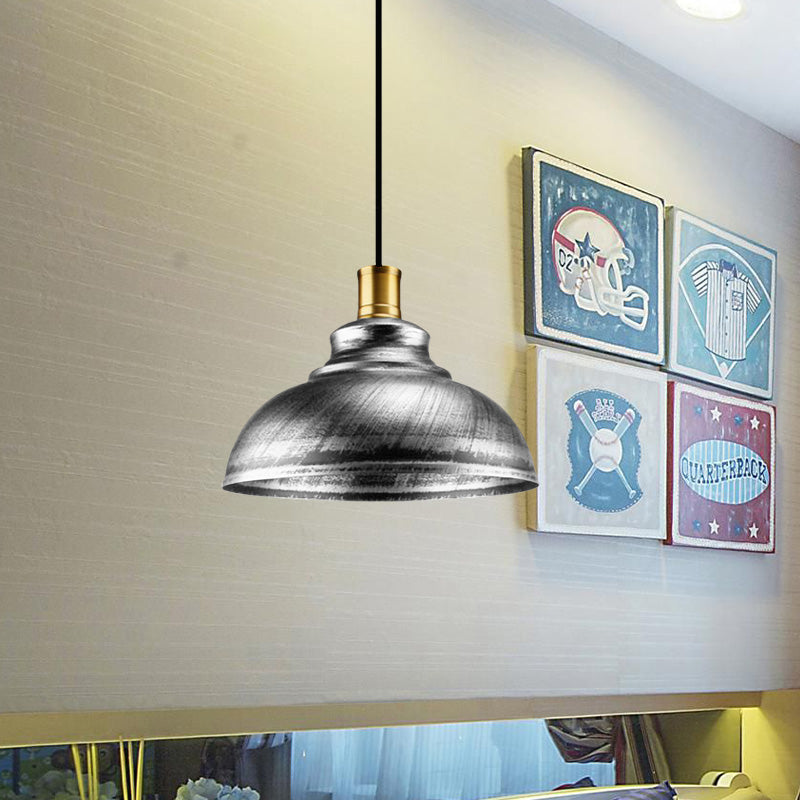 Antique Style Wrought Iron Dome Lamp - 1 Head Restaurant Hanging Light Silver/Bronze/Rust 12’/14