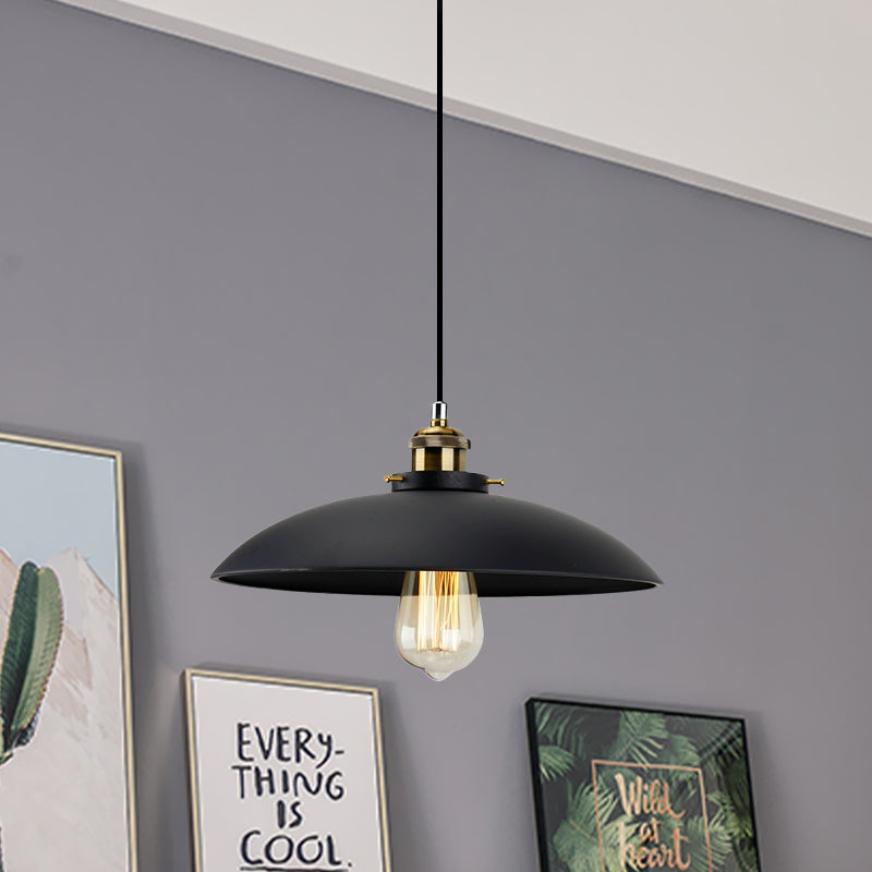 Industrial Metallic Pendant Light Black Saucer Shade 1-Light Dining Table Hanging Lamp