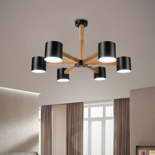 Wood & Iron Nordic Pendant Light With Drum Shade For Study Room In Black/White