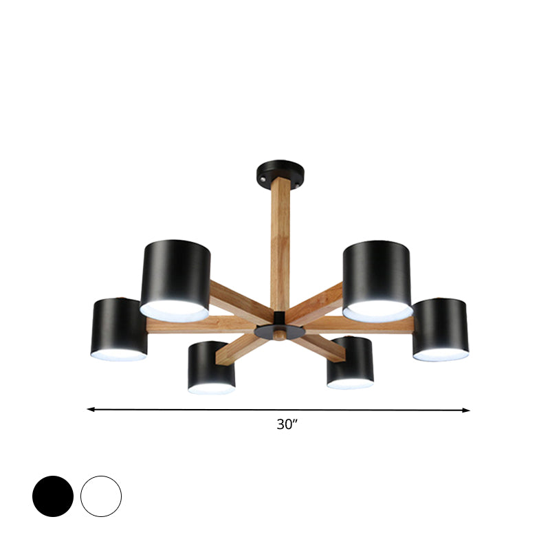 Wood & Iron Nordic Pendant Light With Drum Shade For Study Room In Black/White