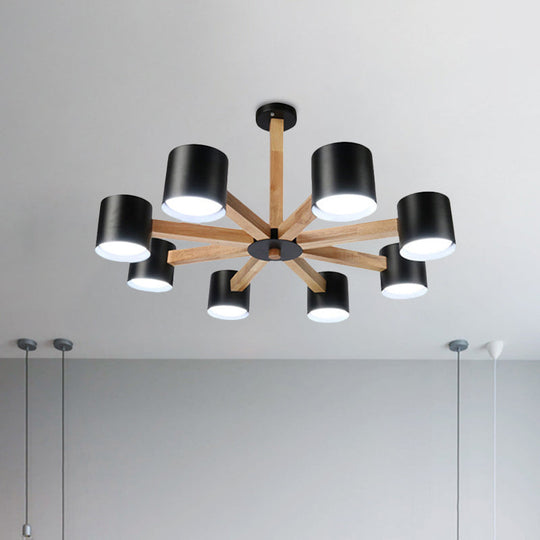 Wood & Iron Nordic Pendant Light With Drum Shade For Study Room In Black/White