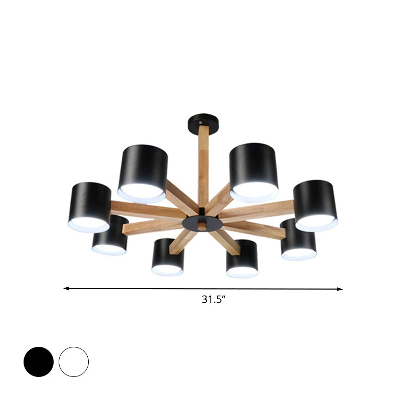 Wood & Iron Nordic Pendant Light With Drum Shade For Study Room In Black/White