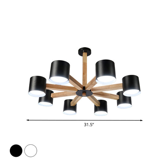 Wood & Iron Nordic Pendant Light With Drum Shade For Study Room In Black/White