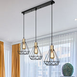 Farmhouse Teardrop Cage Shade Metal Hanging Lamp With Brass Canopy - 3 Heads / Linear