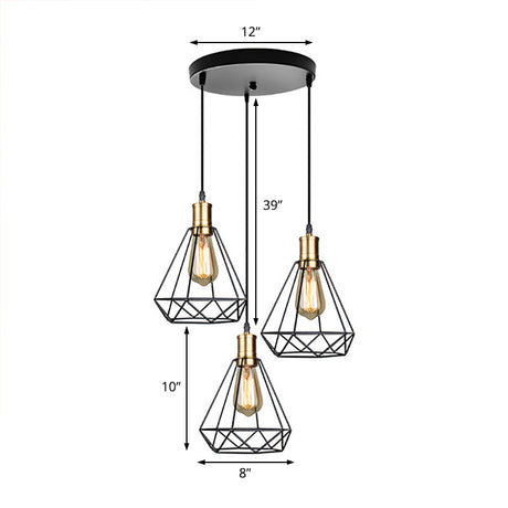 Farmhouse Teardrop Cage Shade Metal Hanging Lamp With Brass Canopy - 3 Heads