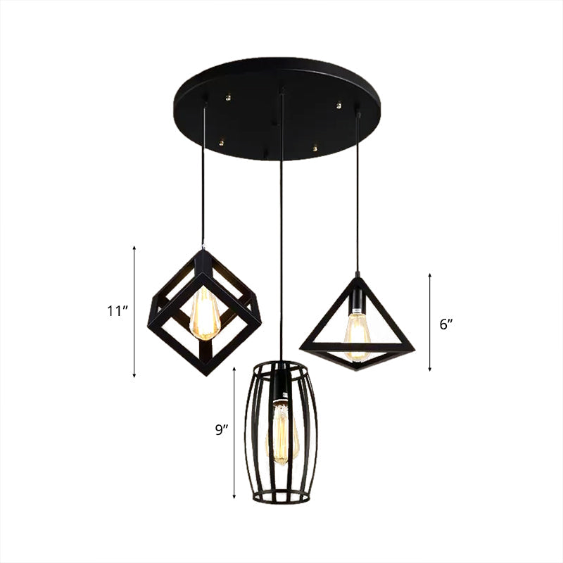 3-Head Pendant Lighting In Black Metal With Retro Stylish Cage Shades For Kitchen Round/Linear