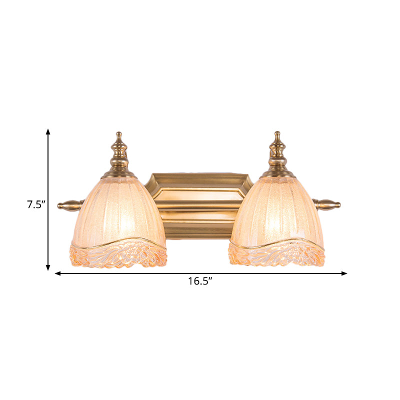 Traditional Carved Glass Brass Wall Sconce Lamp With 2 Vanity Lights For Bathroom