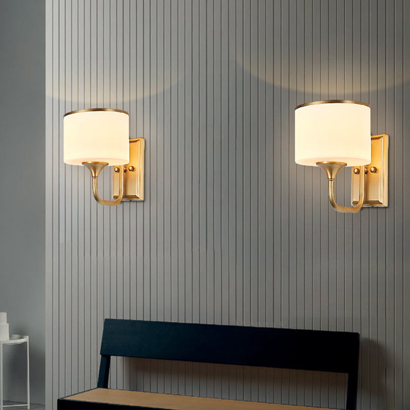 Colonial Style Brass Drum Sconce With Opal Glass Shade - Wall Mount Lamp For Indoor Use