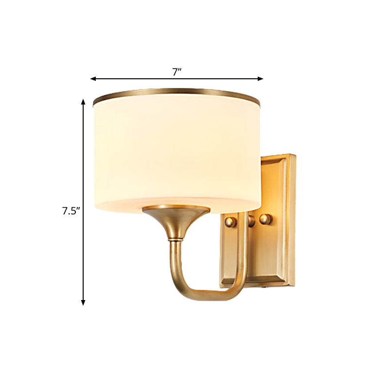 Colonial Style Brass Drum Sconce With Opal Glass Shade - Wall Mount Lamp For Indoor Use