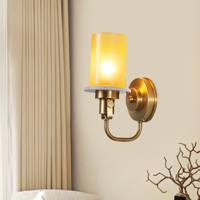 Colonial Brass Wall Sconce With Yellow Glass - Cylinder Style 1 Head